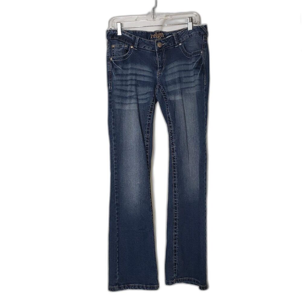 Reign Jeans Womens 7 Blue Stretch Bootcut Denim Embroidered Pockets Mid Rise